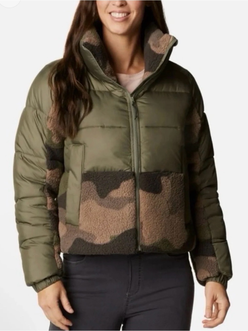 Columbia Womens M Leadbetter Point Camo Sherpa Puffer Jacket Olive